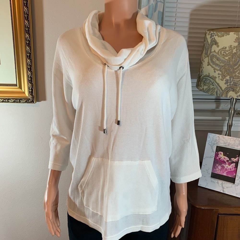 Style & Company white waffle knit three-quarter sleeve cowlneck tunic sweatshirt - Picture 4 of 10